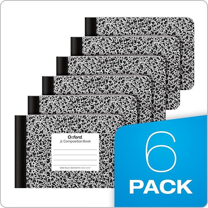 Oxford Jr. Composition Notebooks, School Supplies, Notebooks for School, Half Size, 4-7/8 x 7-1/2 Inches, Wide Ruled Paper, 80 Sheets, Kids Journal, Black Marble Covers,(63773), (Pack of 24)