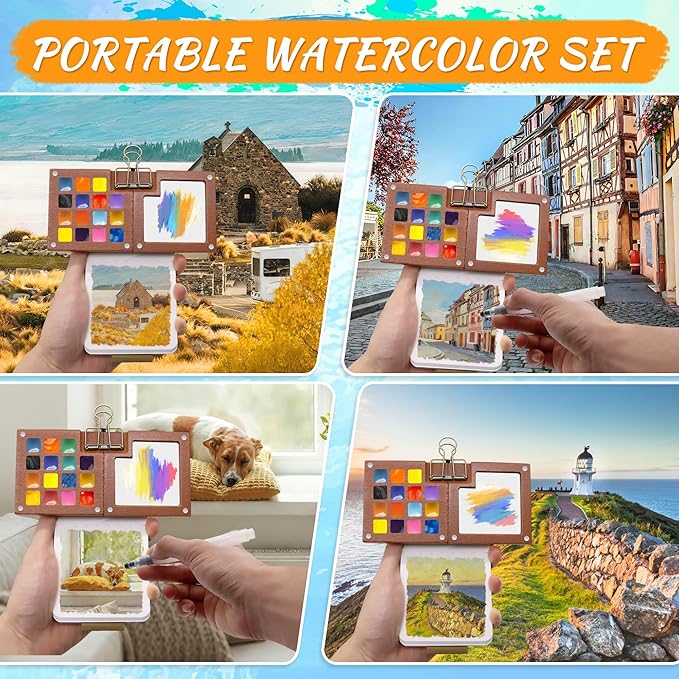 Pocket Watercolor Paint Set - 24 Vibrant Colors, Pocket Art Kit with 15-Well Walnut Palette - for Travel, Beginners, Outdoor Sketching & Painting Gift