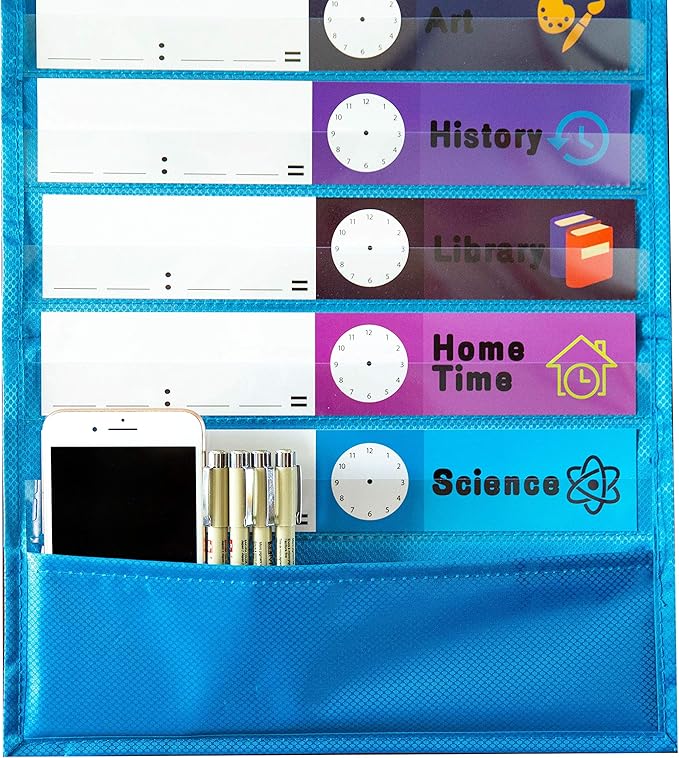 Youngever Classroom Pocket Chart,13+1 Pocket, Daily Schedule Pocket Chart, 26 Double-Sided Reusable Dry-Eraser Cards (13 Color+13 Blank) Educational Charts for Classroom Office Home Preschool Activity