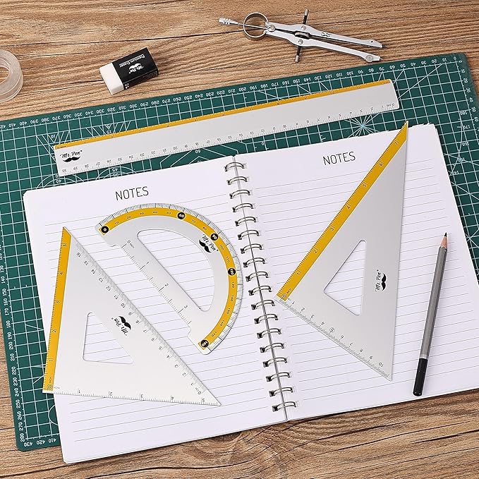 Mr. Pen- Metal Geometry Kit, 4 Pack, 45° & 30°/60° Set Squares, 6" Protractor & 12" Ruler, Durable Metal Drafting Tools for Technical Drawing, Math, Engineering & Architecture