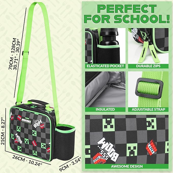 Minecraft Insulated Lunch Bag for Kids Creeper Lunchbox for Boys School Supplies Food Carrier Snacks Picnic Beach Days Travel Gamer Gifts for Kids (Black/Green)