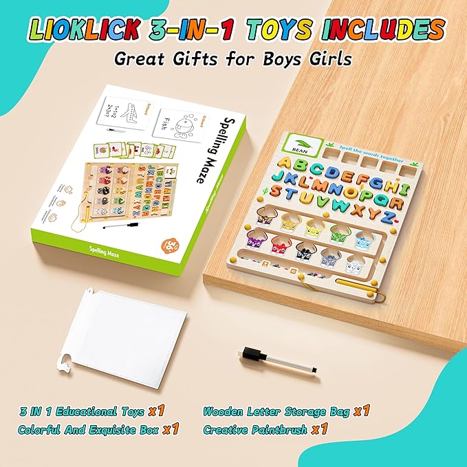 3 IN 1 Double Sided Montessori Toys- Magnetic Color and Number Maze, Toddler Wooden Alphabet Puzzles, Dry Erase Board, Preschool Learning Activities Toys for 3 4 5 6 Years Old Kids Girls Boys