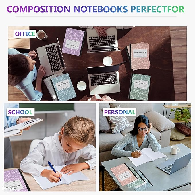 Composition Notebooks 4 pack, Wide Ruled Notebook Paper, 9 3/4" x 7 1/2", 80 Sheets/160 Pages, Pastel Marble Hard Cover Composition Notebook, Aesthetic School & Office Supplies (4, Pastel Colors)