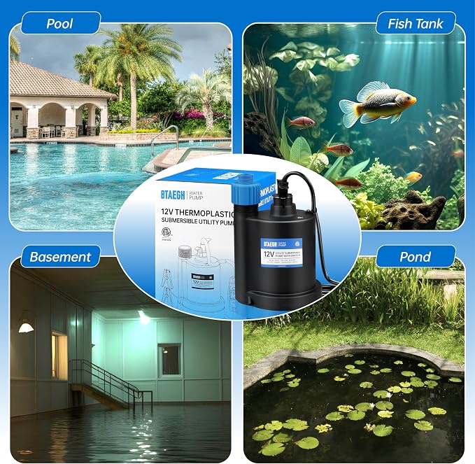 12V Submersible Water Pump 1500GPH Small Sump Pump Thermoplastic Portable Transfer Utility Pump Clean for Swimming Pool Basement Garden Pond
