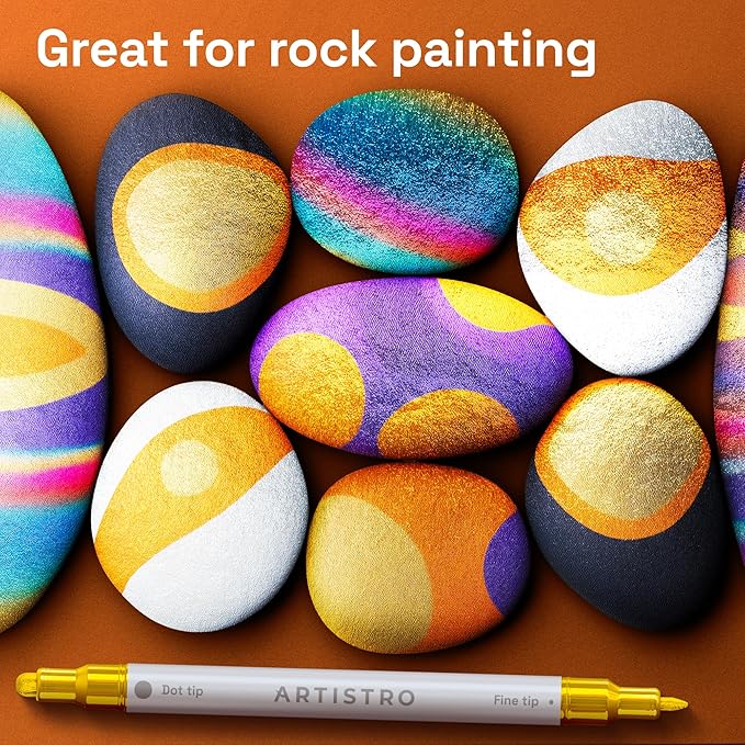 ARTISTRO 5 Gold Precision Dual-Tip Acrylic Paint Markers – Paint Pens Set with Dot & Fine Tips for Fabric, Rock, Glass, Wood, Coloring Books – Classroom & Art Supplies Gift Teacher Appreciation Gift