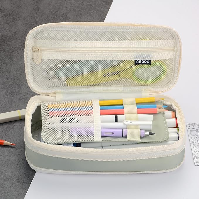 Large Capacity Canvas Pencil Case Organizer Holder Pouch Bag with Zipper Compartments for Women Girls School Adults (Green)
