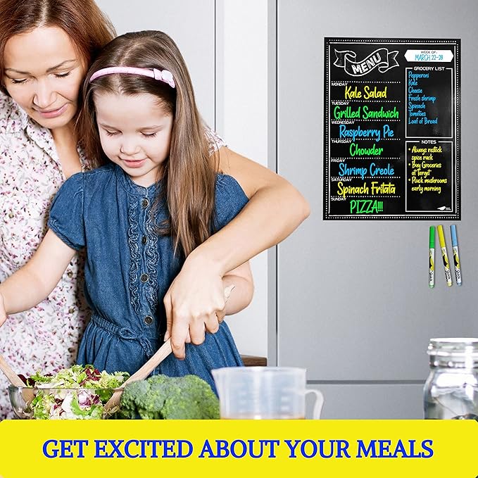 Magnetic Menu Board for Kitchen - 16x12” Black Chalkboard Calendar - Dry Erase Weekly Meal Planner for Fridge & Grocery List - With Vibrant Neon Chalk Markers - Easy to Use and Wipe Clean Magnet Board