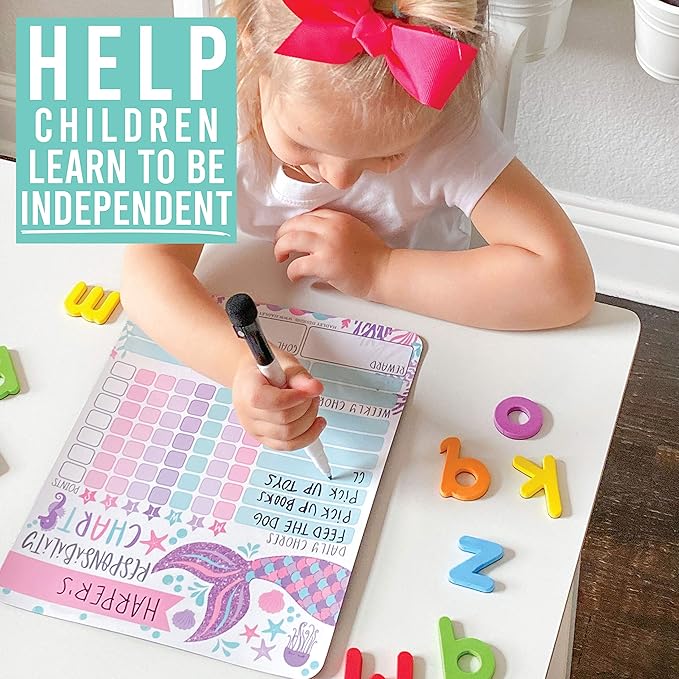 Hadley Designs Magnetic Chore Chart for Kids – Reward Chart for Kids, Dry Erase Responsibility Board for Children at Home, Fridge Behavior Tracker for Daily & Weekly Tasks, Mermaid Toddler Chore Board
