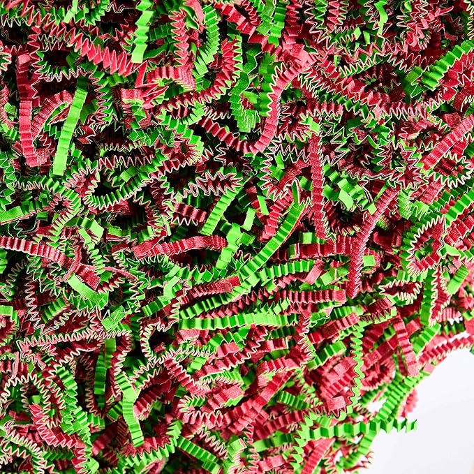 Frillz Crinkle Cut Paper Shred Filler for Baskets, Gifts, Packing and Protecting your Christmas, Holiday and other events (1 pound, Red and Lime Green)