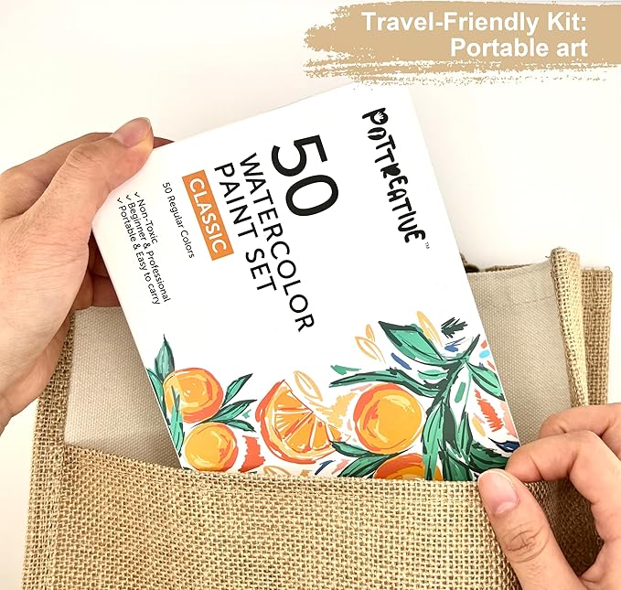 50 Solid Watercolor Paint Set, Built-in Palette with 6 Detailed Brushes, Non-toxic Portable Travel Set for Beginners, Artists, Painting Gift for Classroom, Festivals, Birthdays, Holidays