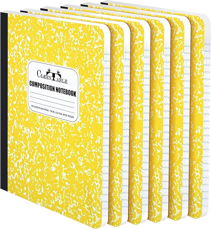 CLEENTABLE Composition Notebook 8 Pack, Wide Ruled Paper, Marble Cover Notebooks for School, 9.75 x 7.5 Inches, 100 Sheets (200 Pages), Sewn Binding Comp Books, Yellow