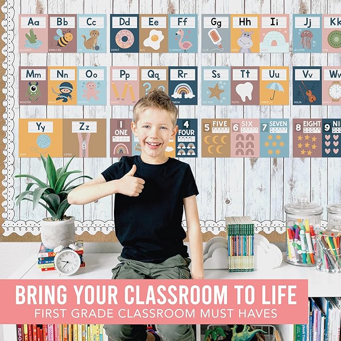 Hadley Designs Alphabet for Classroom Wall Decor - ABC Posters for Classroom Wall Chart Preschool & Kindergarten, ABC Letters & Number Line Elementary, Alphabet Cards, Boho Classroom Decor