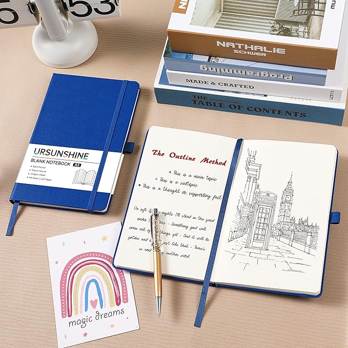 Blank Journal/Notebook - Classic Notebook/Journal with Ribbon Divider, Hardcover with Thick Paper, 5.3'' x 8.26'', Banded + Pen Holder +Inner Pocket - Deep Blue