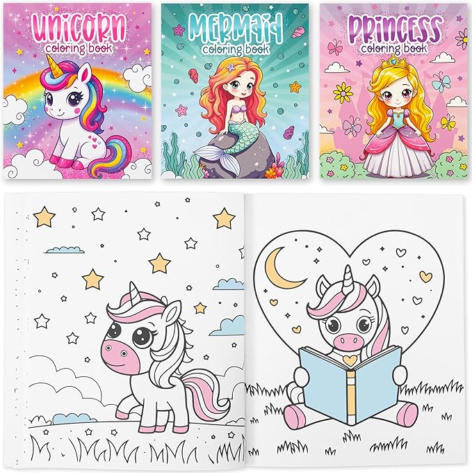 ZICOTO Fun Coloring Books for Kids Set of 3 – Cute Princess, Unicorn & Mermaid Coloring Book for Girls Ages 4–8 – Easy to Color Gift with Magical Themes for Your Creative Little Princess