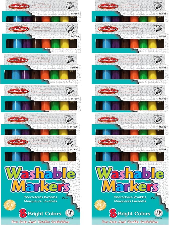 Charles Leonard Marker Class Pack, Washable, Broad Tip, 8 Assorted Colors Per Pack, 12 Packs of 8 Markers Each (47508)