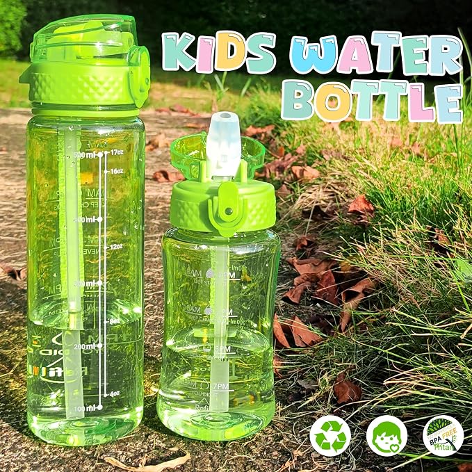 OLDLEY 17oz Kids Water Bottle, Tritan BPA-Free, Leakproof Flip Straw Lid, Motivational Time Marker, Carry Strap, Reusable Clear Water Bottle for Boys & Girls,Parrott Green