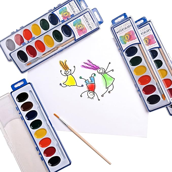 Color Swell Bulk Watercolors Paint Pack with Wood Brushes - 36 Sets with 8 Washable Colors Each - Perfect for Kids, Classrooms, Parties, Students, Donations, Party Favors