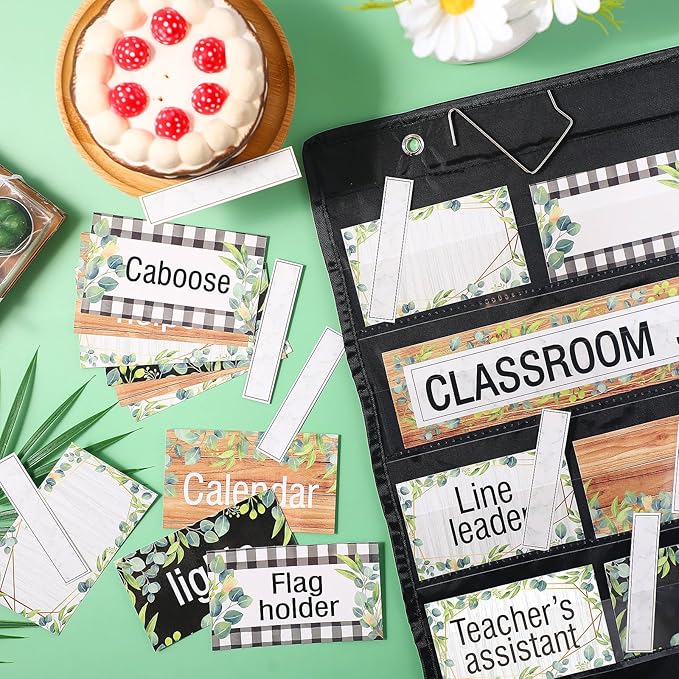 Qeeenar Classroom Jobs Pocket Chart with 96 Cards and 3 Hooks Class Management Educational Schedule for Teacher Back to School Supplies(Plant)