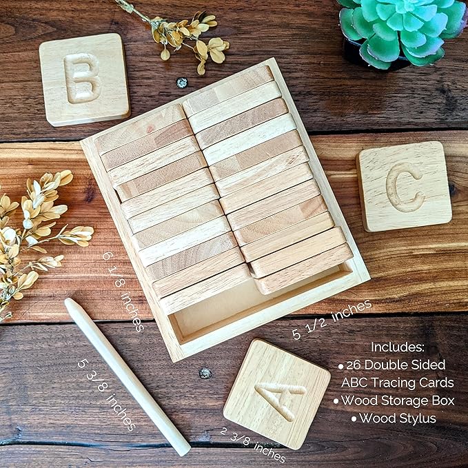 Montessori Wooden Alphabet Tiles Set โ Tracing Letters for Kids | Double-Sided ABC Flash Cards (Uppercase & Lowercase) | Includes Stylus Pen & Storage Box | 26-Piece Educational Toy