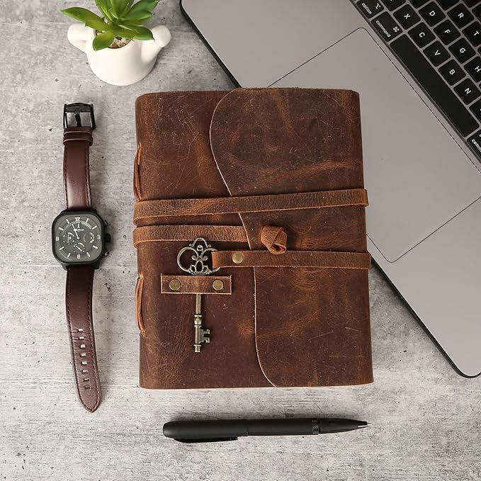 Leather Journal with Deckle Edge Paper 8x6 inch and Vintage Key | Handmade Writing Notebook Diary | Bound Daily Notepad for Men & Women Medium, Sketch/Writing pad for Artists