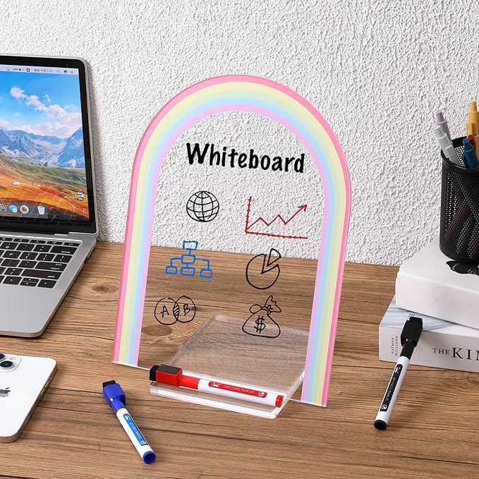 Mr. Pen- Clear Acrylic Board with Stand, 11.8" x 9", 3 Markers, Rainbow Theme, Clear Dry Erase Board for Desk