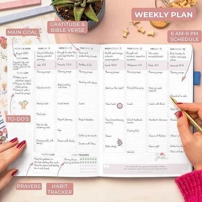 Clever Fox Christian Hourly Weekly Planner – Goal Setting Planner with Time Slots, Monthly Budget, Sermon Notes, Bible Reading Tracker (Mystic Blue)