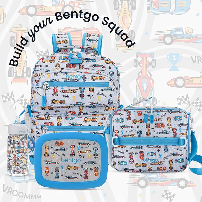 Bentgo Kids Print Backpack - Lightweight 14” Backpack for School, Travel & Daycare, Ideal for Ages 4+, Durable & Water-Resistant, Roomy Interior, & Loop for Lunch Bag (NEW Race Cars)