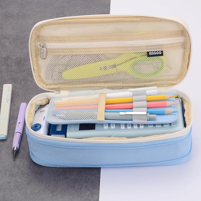 Large Capacity Canvas Pencil Case Organizer Holder Pouch Bag with Zipper Compartments, Pen Cases for Women Girls School Adults (Beige/Blue)