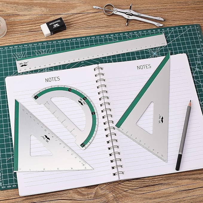 Mr. Pen- Metal Geometry Kit, 4 Pack, 45° & 30°/60° Set Squares, 6" Protractor & 12" Ruler, Durable Metal Drafting Tools for Technical Drawing, Math, Engineering & Architecture