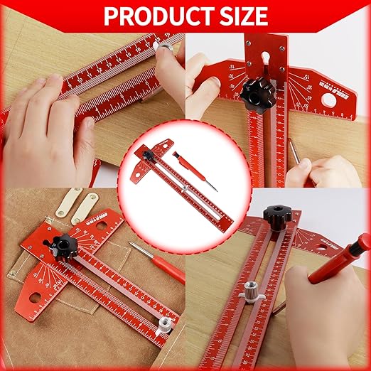 Woodworking Scriber Marking Line Ruler, T Type Woodworking Ruler 16 inch, Adjustable Aluminum Alloy Sliding T-Square Ruler, Precision Line Drawing aid Ruler with Angle Adjustment Scale(Red)