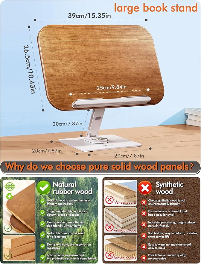 Book Stand for Reading, Adjustable Ergonomic Book Holder with 360° Rotating Base, Rubberwood Panel Cookbook Stand, Elastic Clips, for Laptop Textbooks Sheet Music Recipe Magazines Tablets.