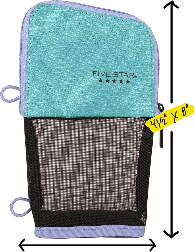 Five Star Pencil Pouch, Pen Case, Stand 'N Store Zipper Pouch, Fits 3-Ring Binder, Storage Organizer for School Supplies Earbuds Chargers Cables Makeup, Teal/Berry (500209F-ECM)