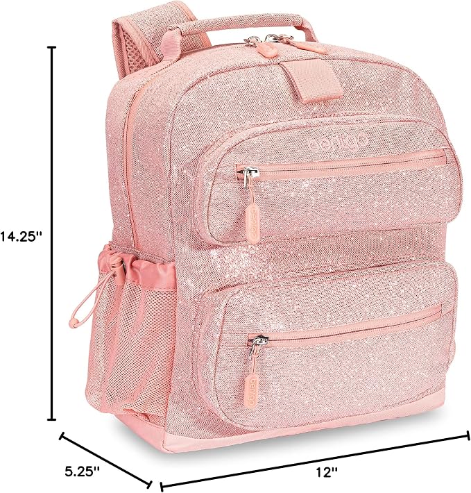 Bentgo Kids Glitter Backpack - Lightweight 14” Backpack for School, Travel & Daycare, Ideal for Ages 4+, Durable & Water-Resistant, Roomy Interior, & Loop for Lunch Bag (Glitter Edition - Petal Pink)