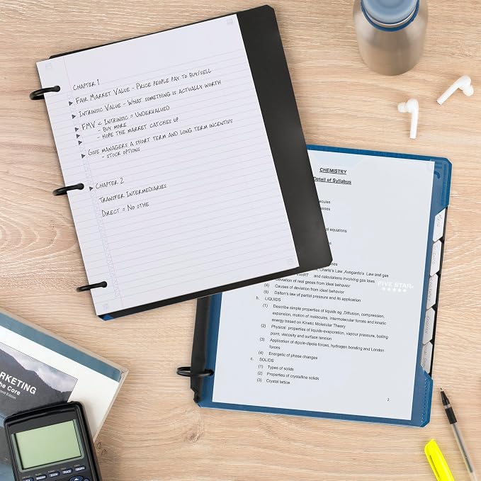 Five Star Flex Refillable Notebook+Study App, College Ruled Paper& 1" TechLock Ring Binder with Customizable Cover, Pockets, Tabs and Dividers, 200 Sheet Capacity, Pacific Blue (29326AD2) (Pack of 6)