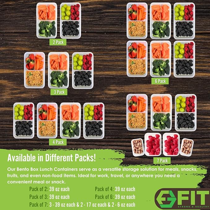 Bento Box Lunch Meal Prep Containers 3 Compartment, Leak Proof, 6 Pack | BPA-Free Reusable Food & Snack Containers for Adults and Kids, Microwave Freezer Dishwasher Safe, Stackable Airtight Lid 39oz