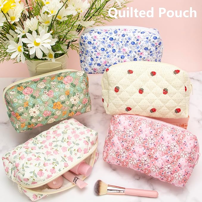 PAZIMIIK 6PCS Vintage Quilted Makeup Bag SET Cosmetic Pouch for Brushes Pencils and Travel Make Up Accessories for Women and Girls Flower Blue