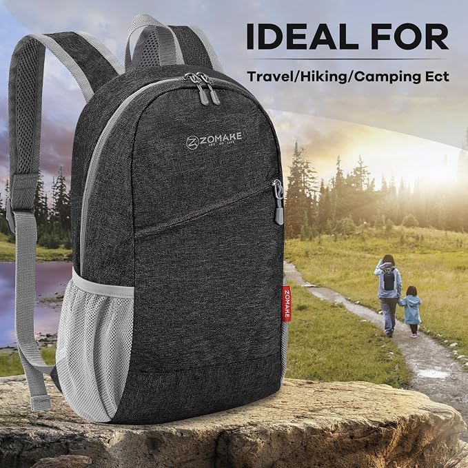 ZOMAKE Lightweight Packable Backpack, 10L Small Foldable Daypack for Hiking | Water Resistant Collapsible Backpacks for Women Men, Everyday Carry, Multi Compartment Storage, Adjustable Strap(Black A2)