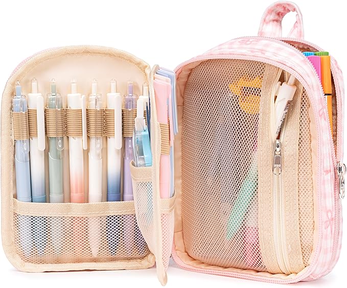 LEDAOU Pencil Case Cute Zipper Pencil Pouch Large Capacity Pencil Bag Organizer School Supplies for Girls Boys Kids (Pink Checkered Bow)