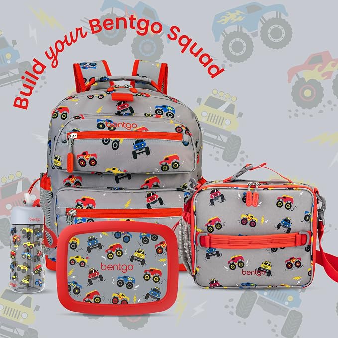 Bentgo Kids Backpack - Lightweight 14” Backpack in Fun Prints for School, Travel, & Daycare, Ideal for Ages 4+, Roomy Interior, Durable & Water-Resistant Fabric, & Loop for Lunch Bag (Trucks)