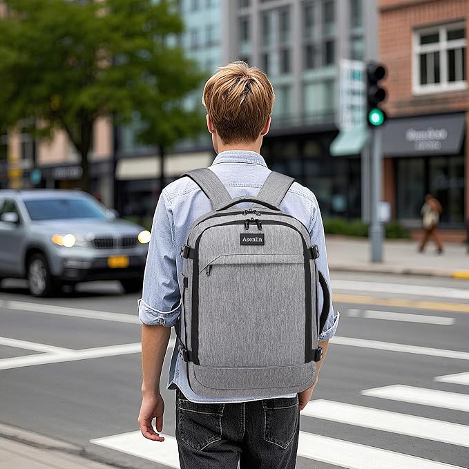 Asenlin Travel Backpack for Women Men,Flight Approved Carry On Luggage 40L Water Resistant Business Laptop Backpacks Fits TSA 17.3 Inch Computer College Weekender Outdoor Hiking-Grey