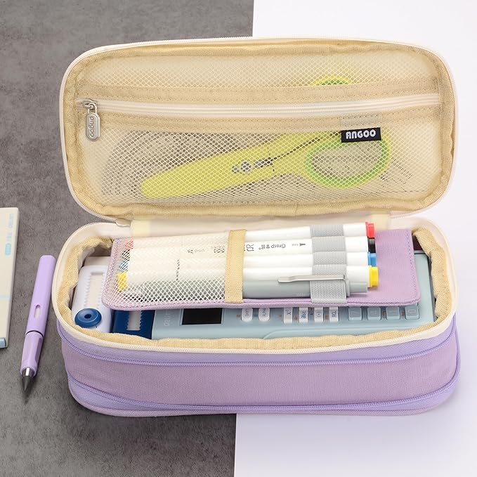 Large Capacity Big Special Cute Aesthetic Preppy Canvas Pencil Case Organizer Holder Pouch Bag with Zipper Compartments, Pen Cases for Women Girls School Adults (Beige/Purple)
