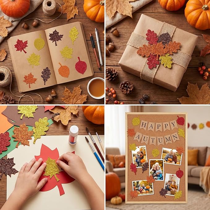 Fall Decor - Maple Leaf Glitter Foam Stickers | 138 PCS Self Adhesive Fall Stickers - Thanksgiving Crafts for Kids -Friendsgiving Party Supplies Favors for Halloween Gifts