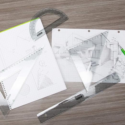 BAZIC Products Math Geometry Set 4 Pieces, Protractor, 12" Ruler, 2 Triangle Rulers, Plastic Clear Measuring Sets for Students School Supplies, 1-Pack