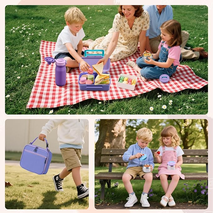 MAISON HUIS Bento Box for Kids with 8oz Soup Thermo, Insulated Lunch Bag & 17oz Water Bottle, 2-Compartment Bento Box with Built-In Ice Pack, Leak-Proof & BPA-Free (Purple)