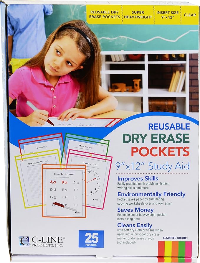 C-Line Reusable Dry Erase Pockets, 9 x 12 Inches, Assorted Neon Colors, 25 Pockets per Pack (40820)