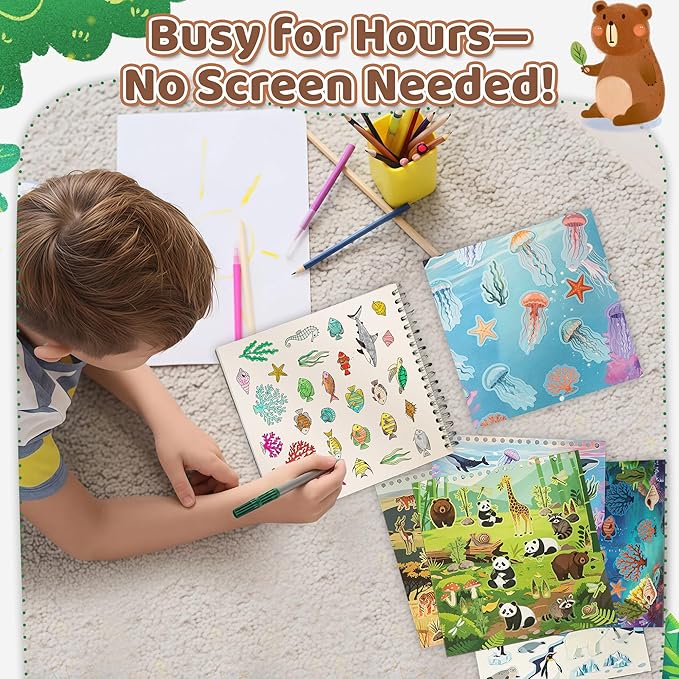 Animal Sticker Book for Toddlers 2-4 Years Sticker Activity Book for Kids with 12 Scenes & 12 Coloring Pages Toddler Travel Essential Quiet Time Activities