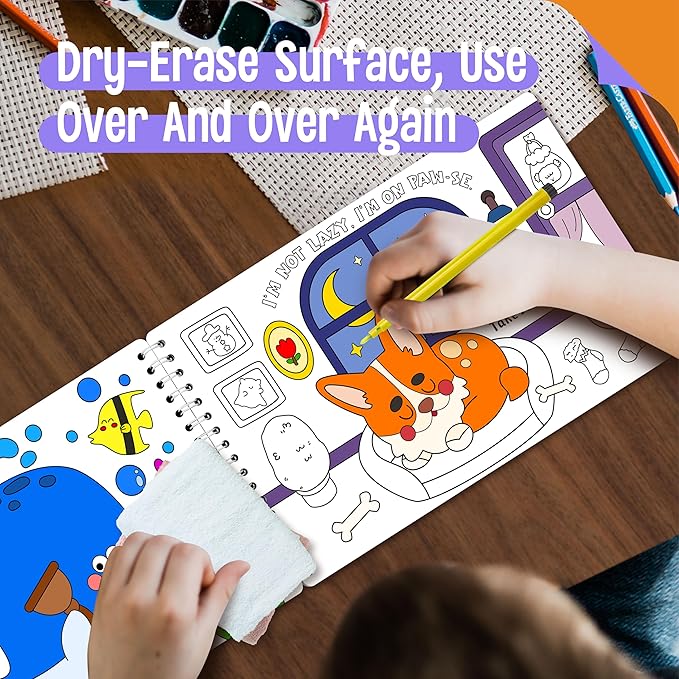 SpriteGru Coloring Activity Book, 30 Dry-Erase Pages Animals to Color, Fun & Creative Coloring Pages for Toddlers, Kids, Teens, Adults, Reusable Activity Pad for Road Trip, Travel, at Home