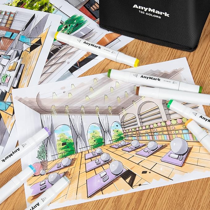 AnyMark Alcohol Markers, 120 Colors Dual Tip Art Coloring Markers Set for Adult Book Drawing Sketching Painting, Chisel & Fine, White Penholder