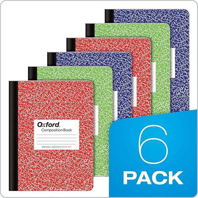 Oxford Composition Notebooks, Cover Colors Vary, Wide Ruled Paper, 9-3/4 x 7-1/2 Inch School Journals, Assorted Marble Covers, 100 Sheets, per Book (63762) (Pack of 4)