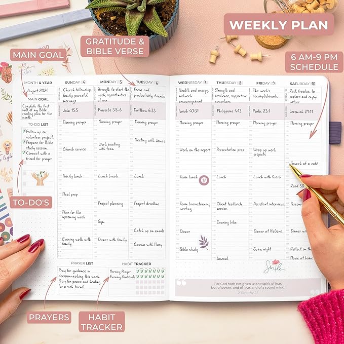 Clever Fox Christian Hourly Weekly Planner – Goal Setting Planner with Time Slots, Monthly Budget, Sermon Notes, Bible Reading Tracker (Lavender)